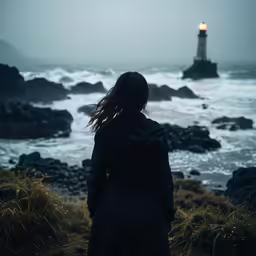 a woman standing on rocks watching the ocean