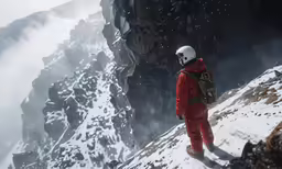 a man standing on top of a mountain next to snow