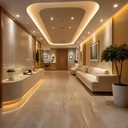 a large room with a plant on the wall