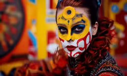a woman with dark hair is painted yellow and red