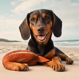 a dog laying on the sand with its head between his paws