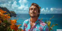 a man with short hair wearing a pink and blue shirt looks up at the sky,a man in a flower shirt looking into the distance