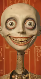 an creepy statue with a big smile on its face