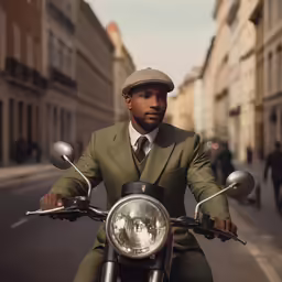 a man in a suit on a motor bike
