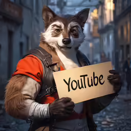 a very cute fox holding a sign in the middle of a street