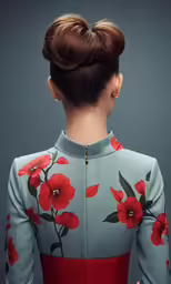 woman in an oriental dress with flowers in a bun updo