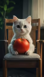 a cat is holding a apple on a chair