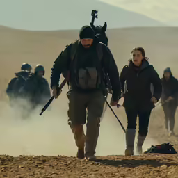 two people walking down a hill in the desert