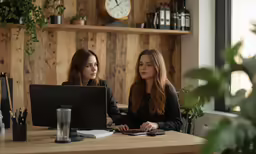 two women at a desk using computers in an office