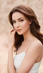 a beautiful woman standing in front of rocks