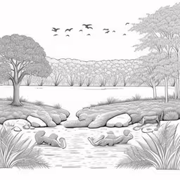 there are people in the water that is next to trees