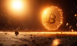 a bit coin in the middle of dirt near the sun