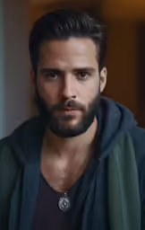 a bearded man with beard and piercing in a dark colored hoodie