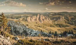 an area covered in rocks and trees with a mountain range