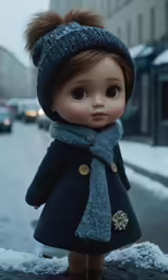 a doll with a cap and coat stands in the snow