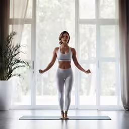 a woman wearing a yoga suit standing on a mat with her arms spread out and legs wide open