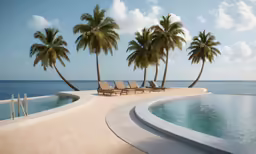 lounge chairs by an empty swimming pool on the beach