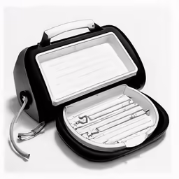 a black and white photo of a open case of toothbrushes