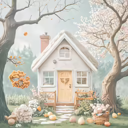 the small house is surrounded by flowers, trees and eggs
