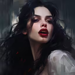 woman with bloody eyes and red lips in black and white dress,a girl in vampire makeup is staring out her eyes