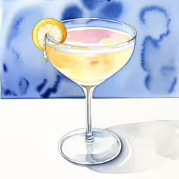 a painting of a cocktail on a table,a drawing of a margarita glass with a slice of lemon in it