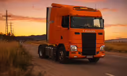 a truck is driving down the street during sunset,an orange semi truck driving down a rural road