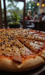 a whole pizza with various toppings sits on the plate