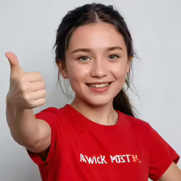 girl smiling, giving the thumbs up sign