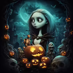 a cartoon skeleton girl holding a pumpkin in a halloween themed background