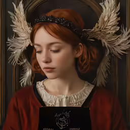 a portrait of a young woman wearing a wreath and dress