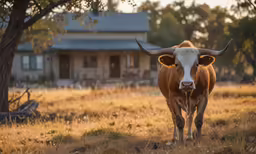 a cow with large horns in front of a house