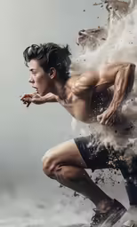 the young man is running through a bunch of sand