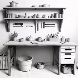 a black and white photo of a work area