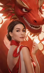 woman in red dress looking away with dragon face on head