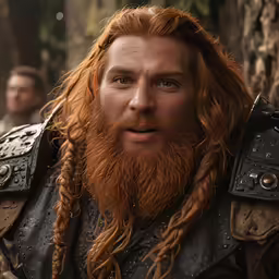 a man with red hair and an orange beard wearing a leather armor looks towards the camera
