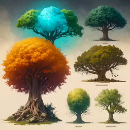 a large collection of different types of trees,a colorful, stylized tree has leaves on it