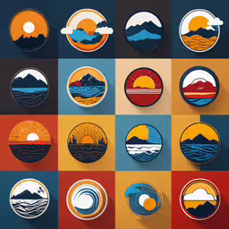 a collection of nine round emblems of mountain designs,different kinds of buttons on a wall
