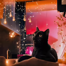 a cat is sitting on a cushion at night