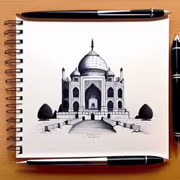 there is a drawing of a mosque on paper,a pen is sitting next to a notebook