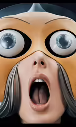 a woman with an odd face has long hair