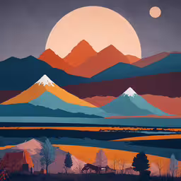 the painting shows a landscape with mountains and land,this is an original painting of mountains and the sun reflecting off of water