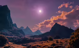 the night sky with a pink moon setting over mountains