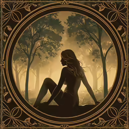 a painting of a girl sitting in the middle of the forest