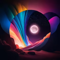 a very vibrant illustration with an moon and mountains in the background