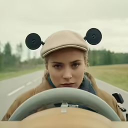 there is a female that has a hat on her head