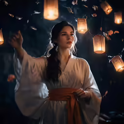 a young lady dressed in an oriental traditional dress with lanterns