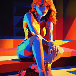 an image of a woman that is sitting on the ground,a painting of a woman sitting down with her legs crossed