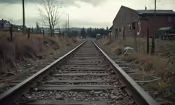 an abandoned train track sits in a grassy area