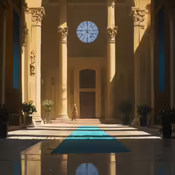 an indoor courtyard with tall columns and blue rug