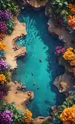a body of water surrounded by a variety of flowers